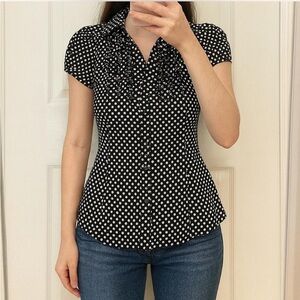 Y2K‎ Womens Satin Black White Polka Dot Collard Button Up Polka Dot Ruffle L